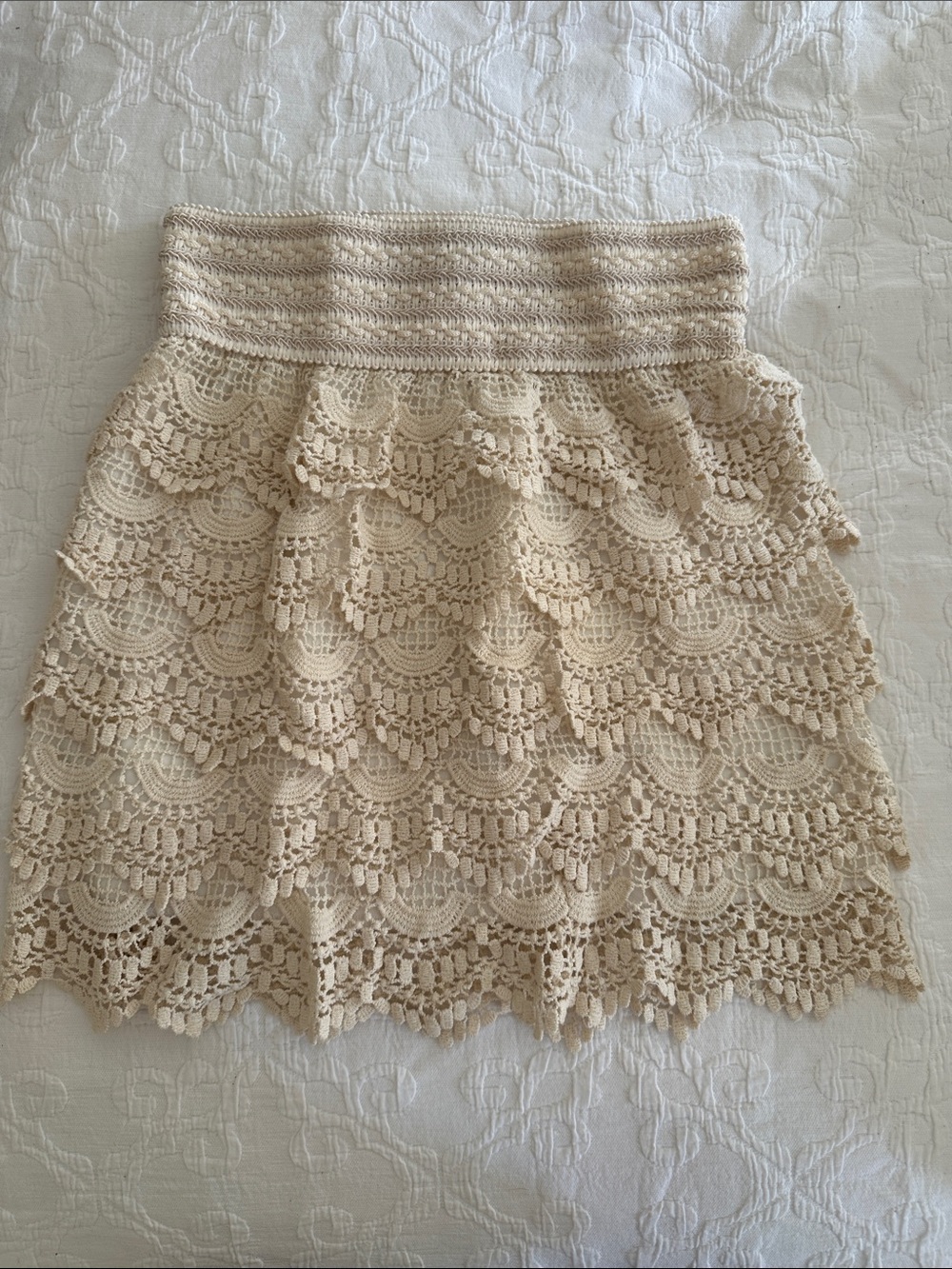 Vivid Collection of NY Cream Crochet Tiered Mini Skirt with Scalloped Hem